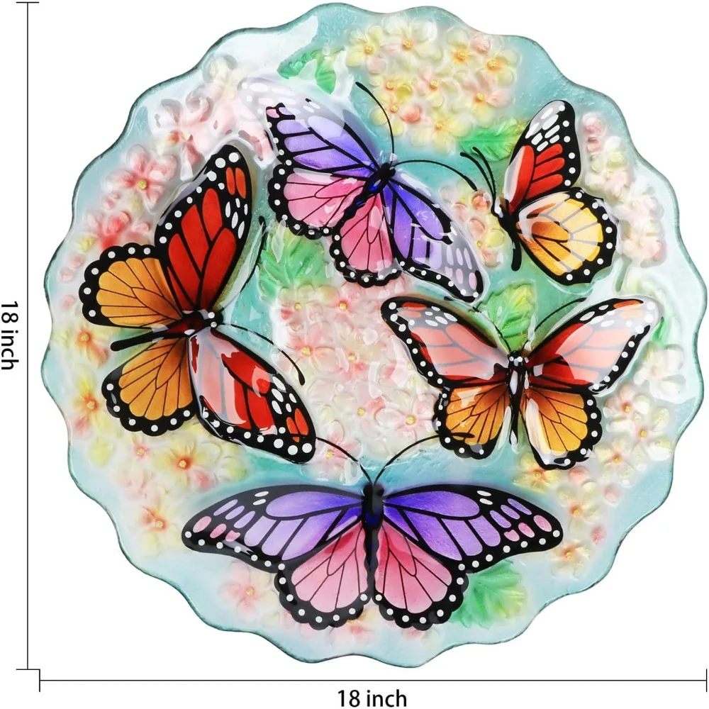 Banho de pássaros de vidro com suporte de metal para decoração de jardim, alimentador externo com design de borboleta