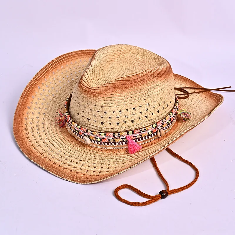 

Unisex Bohemian Straw Sun Hat - Outdoor Beach Cowboy Style Hat (56-58cm) with Fringe & Woven Paper Straw