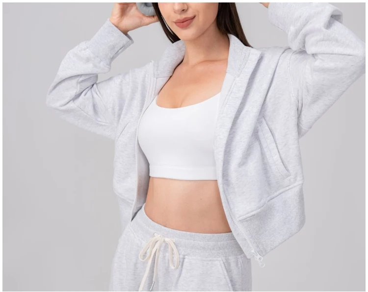VITALINOVO Damen-Jacken mit Reißverschluss, Stehkragen, kurzes Sweatshirt mit Taschen, Daumenloch, Herbst, langärmlig, Sportjacken, Winter – Detail 6