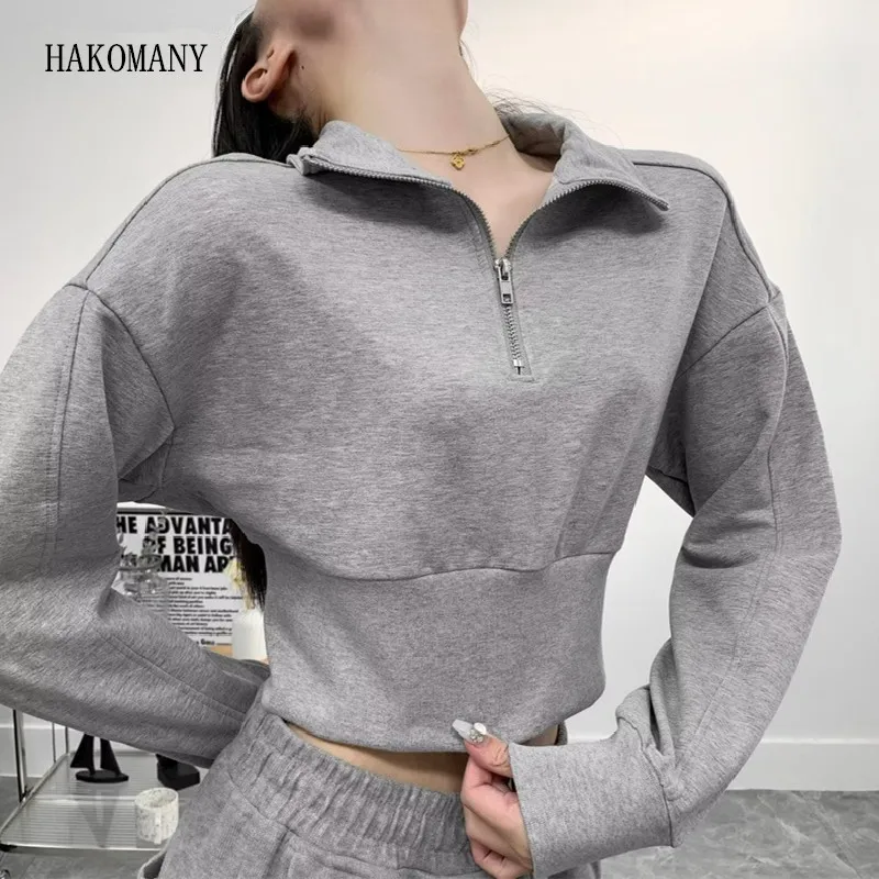 

Women Lapel Loose Short Casual Jumper Sweats Harajuku Open Zipper Turn down Collar Full Sleeve Cropped Sweatshirt