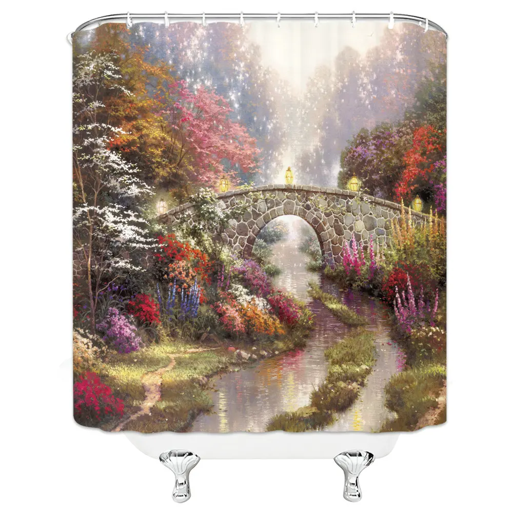 

Retro Style Natural Scenery Shower Curtains Oil Painting Village Landscape Theme Bathroom Decor Waterproof Polyester Curtain