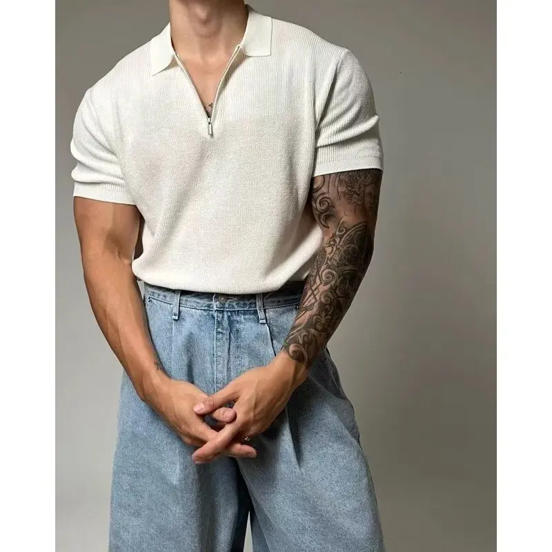 Short Sleeve Knitted Sweater Men's Half Zipper POLO Shirt Lapel Slim Fit Business T-Shirt Half Zipper Polo Shirt Men's