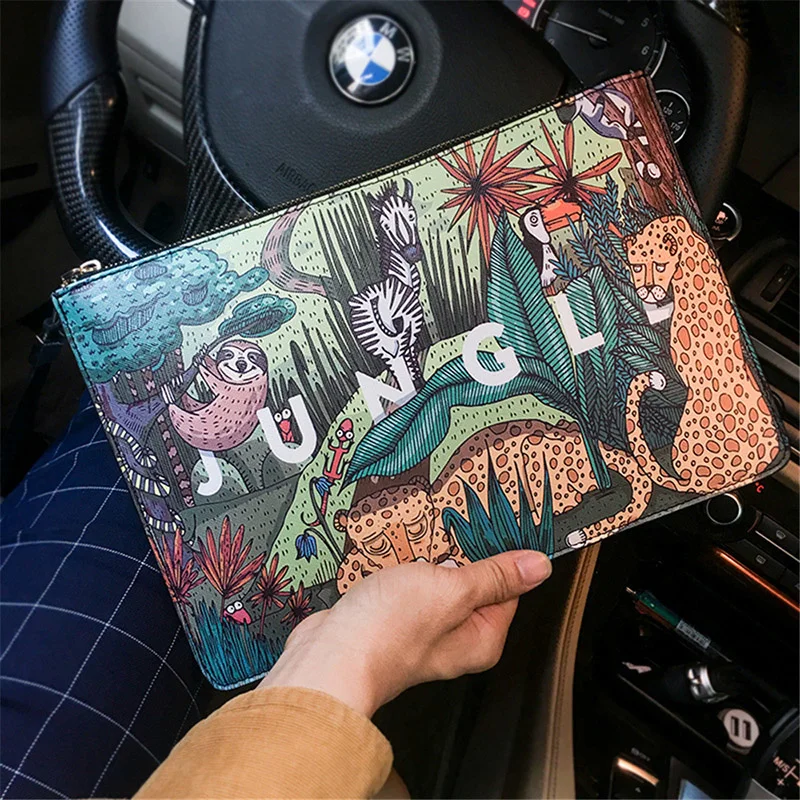 Bolso de mano con estampado Animal para hombre, de piel sintética cartera de mano de alta calidad, informal, para viaje, iPad, Unisex