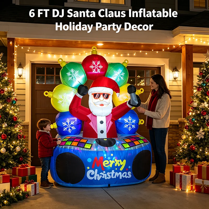 6ft Christmas Inflatable Dj Santa Boombox Cool Rockin' Santa Claus with LED Lights Merry Christmas Blow up Garden Holiday Decor Inflatable Decoration with Music Perfect for the Yard, Lawn, Garde Birthday Party Decoration New