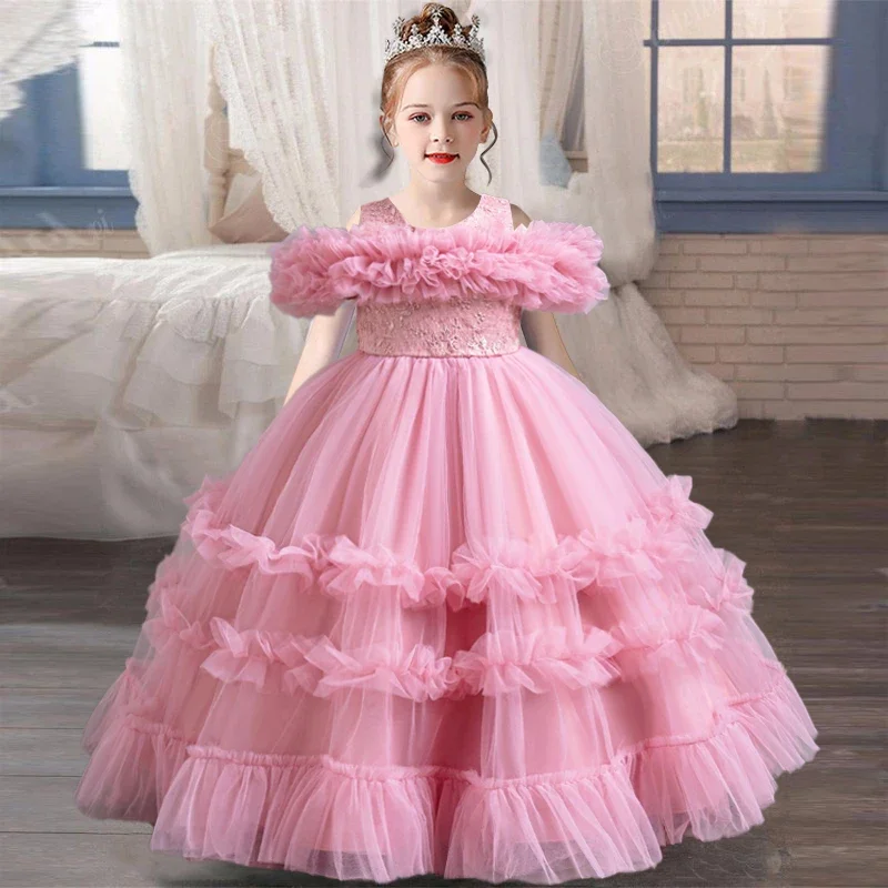 3-12-year-old birthday party, mesh fluffy girl princess dress New lace Christmas party one shoulder evening dress