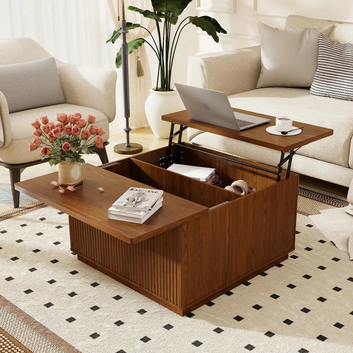 

Lift Top Coffee Table with Hidden Storage Fluted Square Large Hidden Space 31.5" Living Room, Customized