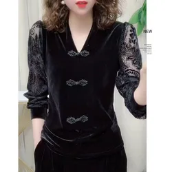 Spring and Autumn New Shimmery Women's V-neck T-shirt Lace Patchwork Fashion Solid Color Long Sleeved Button Loose Pullover Tops