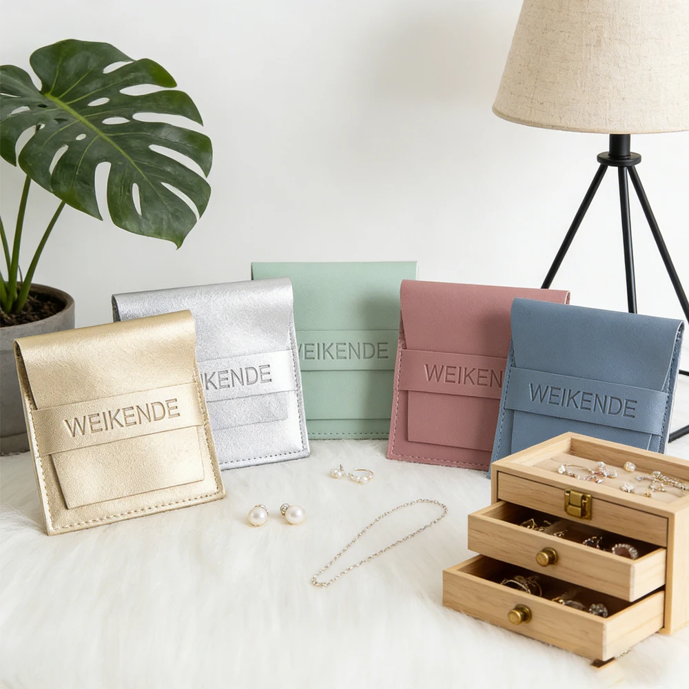 

Персонализированные 50/100 оптовые подарочные пакеты для ювелирных изделий из искусственной кожи, упаковка для хранения, сумка для ожерелья, кольца, свадебные сувениры, флип-саше