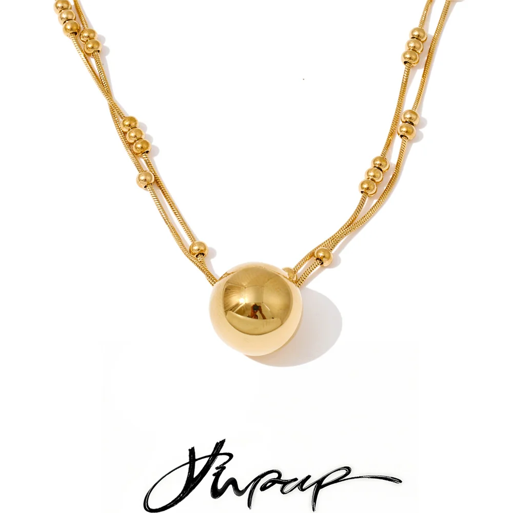 

Yhpup Stainless Steel Double-Layer Chain Round Stacking Necklace Pendant 16K Golden & Platinum Plated Waterproof Collar Jewelry