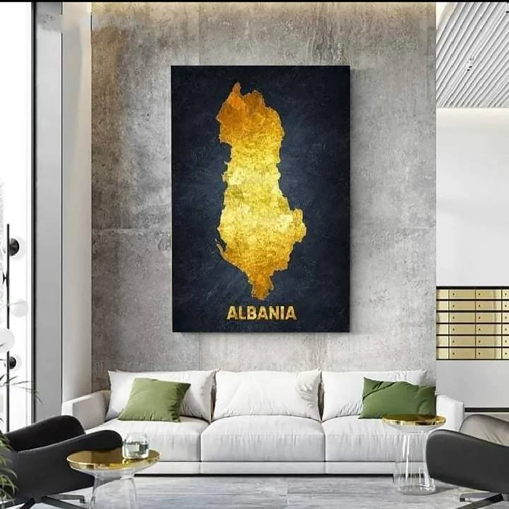 Abstract Golden Map Of The ALBANIA Canvas Painting Nordic Posters And Prints Wall Art Picture For Living Room Home Decoration