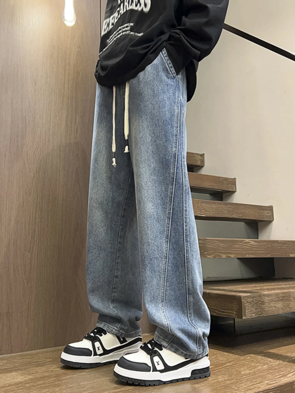 

Модные светло-голубые мужские джинсы с эластичной резинкой на талии, весна-осень, американский стиль, свободные прямые брюки оверсайз