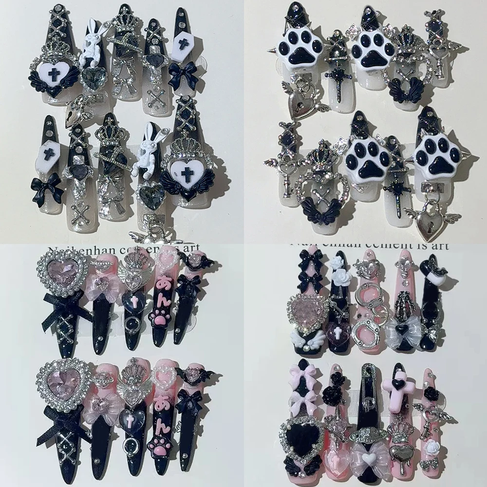 

Dark Gothic Style Long Stiletto Handmade Full Cover Nails Metal Crown Lock Bowknot Diamond Cat Claw Flower Wing Press On Nails