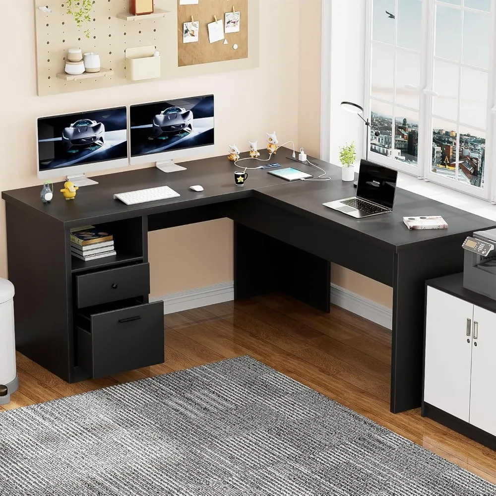 

L Shaped Desk with Lift Top and Drawer, Large Office Desk with Power Outlets and USB Charging Ports,Sturdy Corner Computer Desk