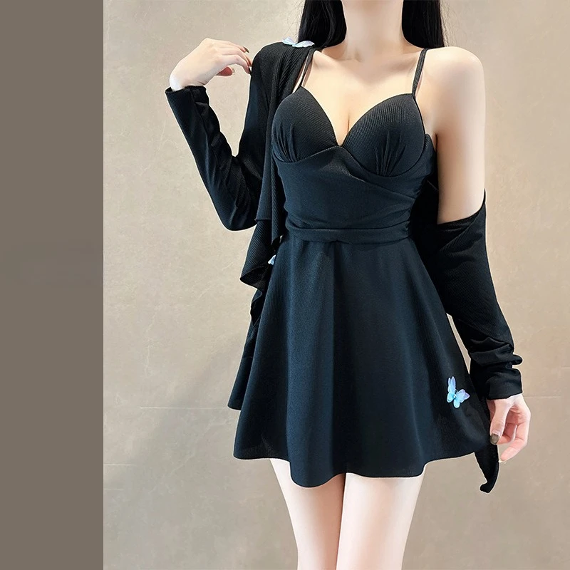 sexy oversize butterfly black conservative swimsuit two pieces black mini dress culottes bikini witt long sleeve tie cover smock
