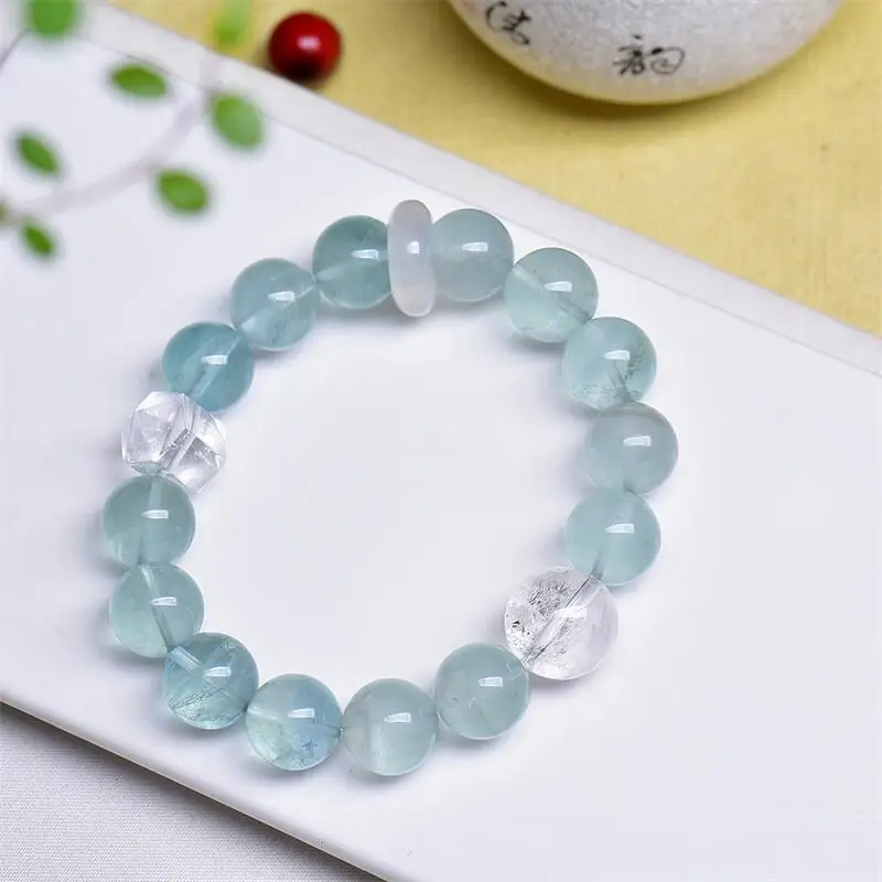 

12MM Natural Blue Fluorite Clear Quartz Bead Bracelet For Women Men Love Gift Crystal Beads Strands Jewelry Holiday Gift 1PCS