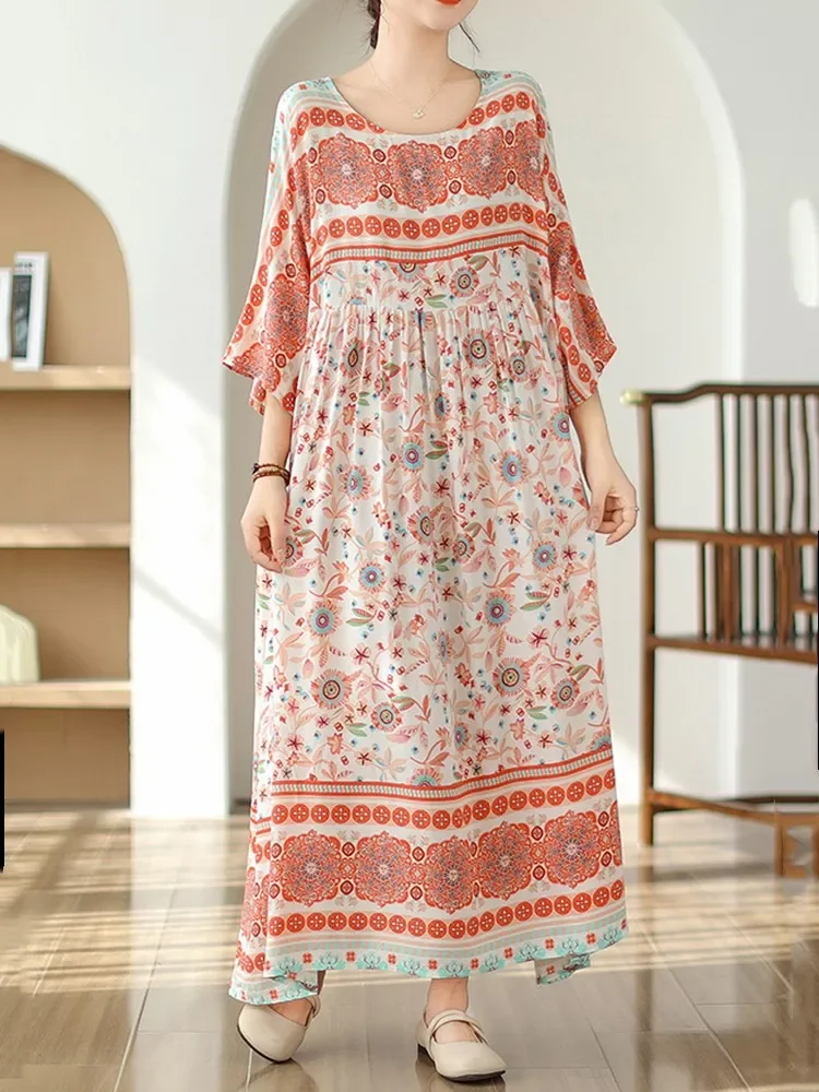 Kurzarm, übergroßer Baumwollsatin, Vintage-Blumenmuster, neu in Kleidern für Damen, lässig, locker, langes Sommerkleid, elegante Kleidung 2025,