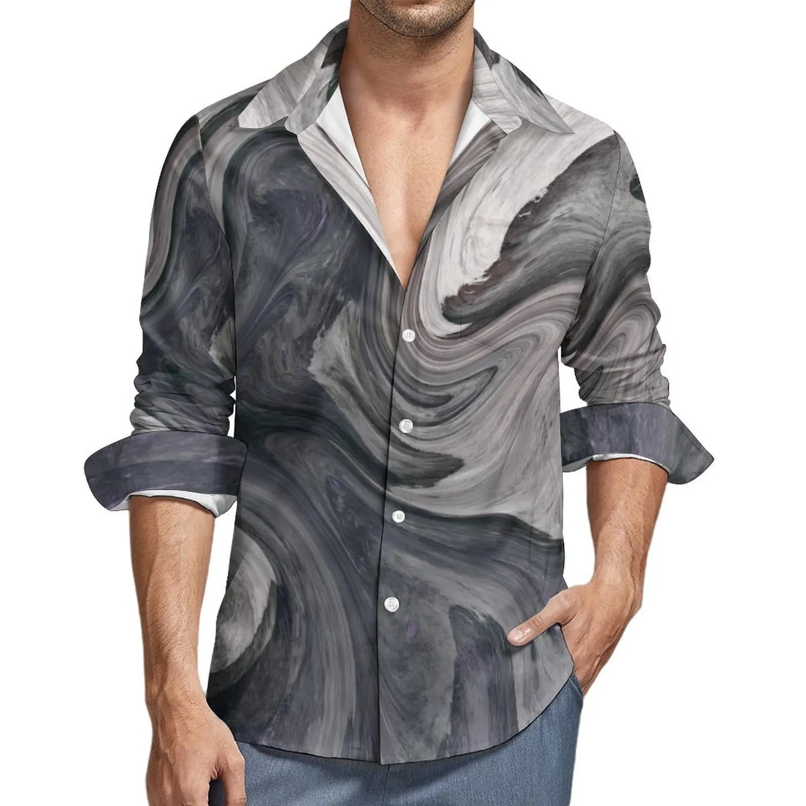 

Men Shirt Gray Brush Casual Shirts Long Sleeve Abstract Fluid Paint Stylish Blouse Autumn Cool Pattern Oversize Clothing