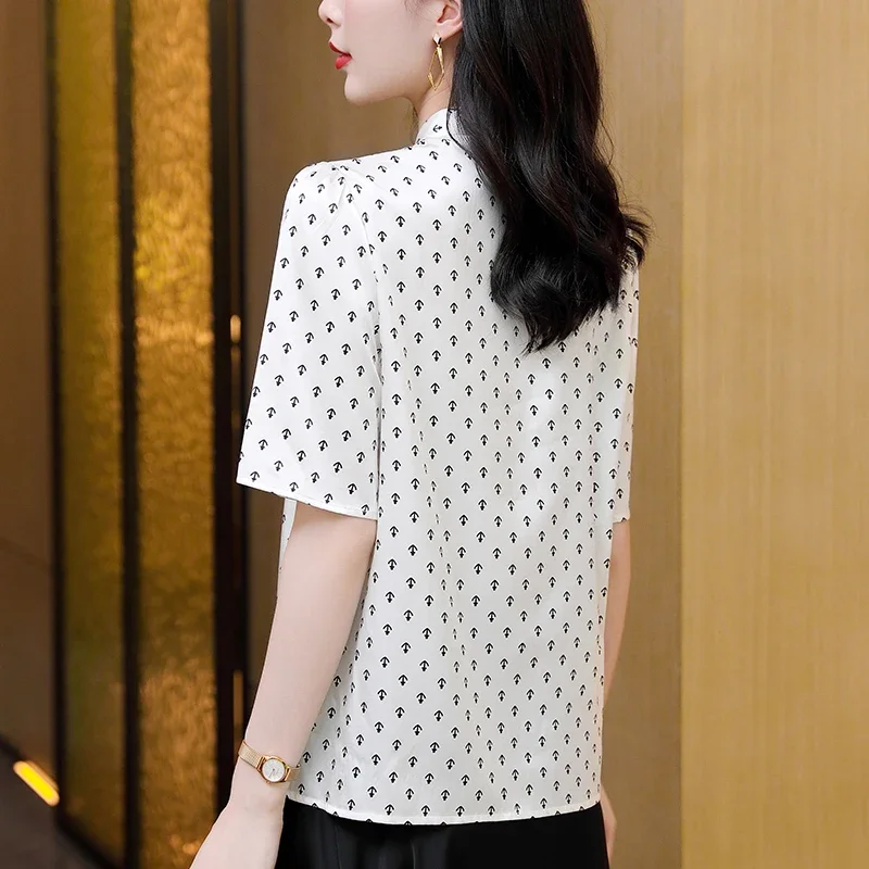 

Новая летняя женская белая рубашка с коротким рукавом, винтажные элегантные блузки для женщин, топы с принтом, женская атласная блузка из натурального шелка