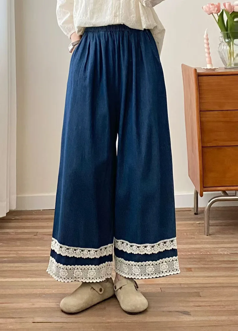 Nuovi pantaloni in denim di cotone estivo 2025, patchwork di pizzo elastico in vita da donna, jeans a gamba larga INS per pendolari retrò Mori Girl B56626CC