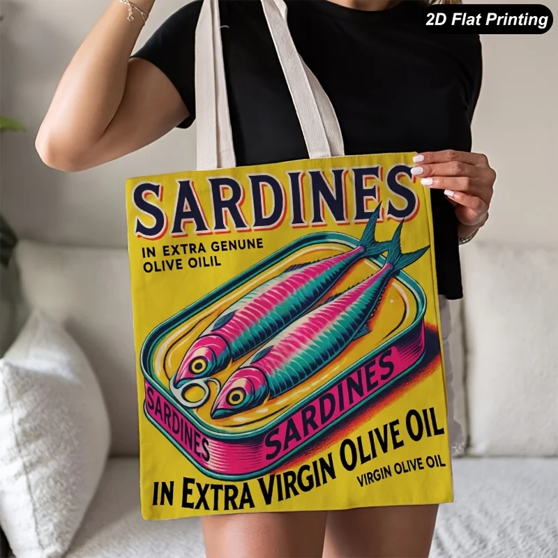 Sardine Can Tote Bag Compact Flat Suitable for Commuting Travel Reusable Canvas Shoulder Bag with Sardine Can Vacation Gifts