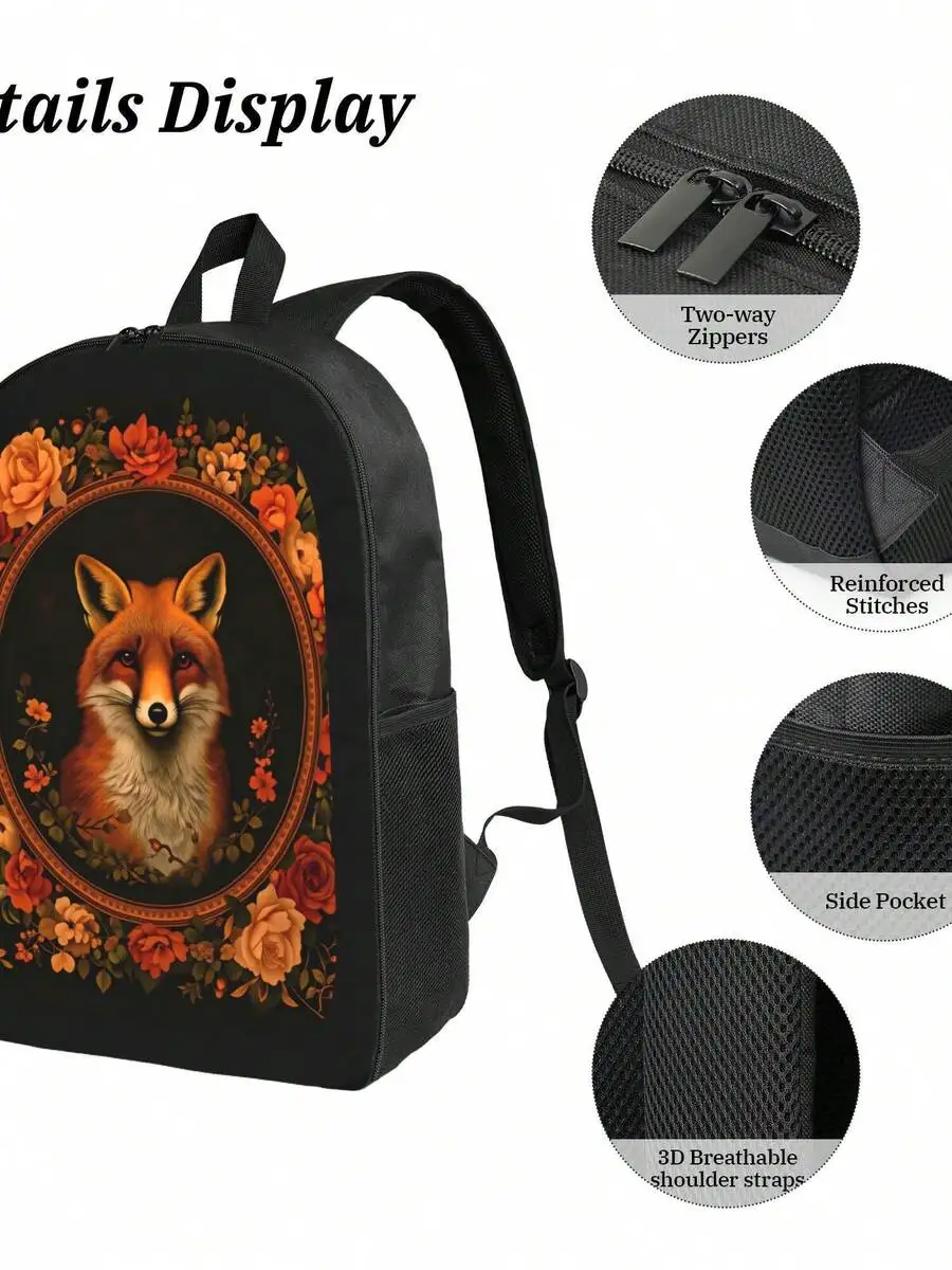 

Autumn Fox Floral Print Backpack Lightweight Daily Bag Adjustable Straps Zipper Closure