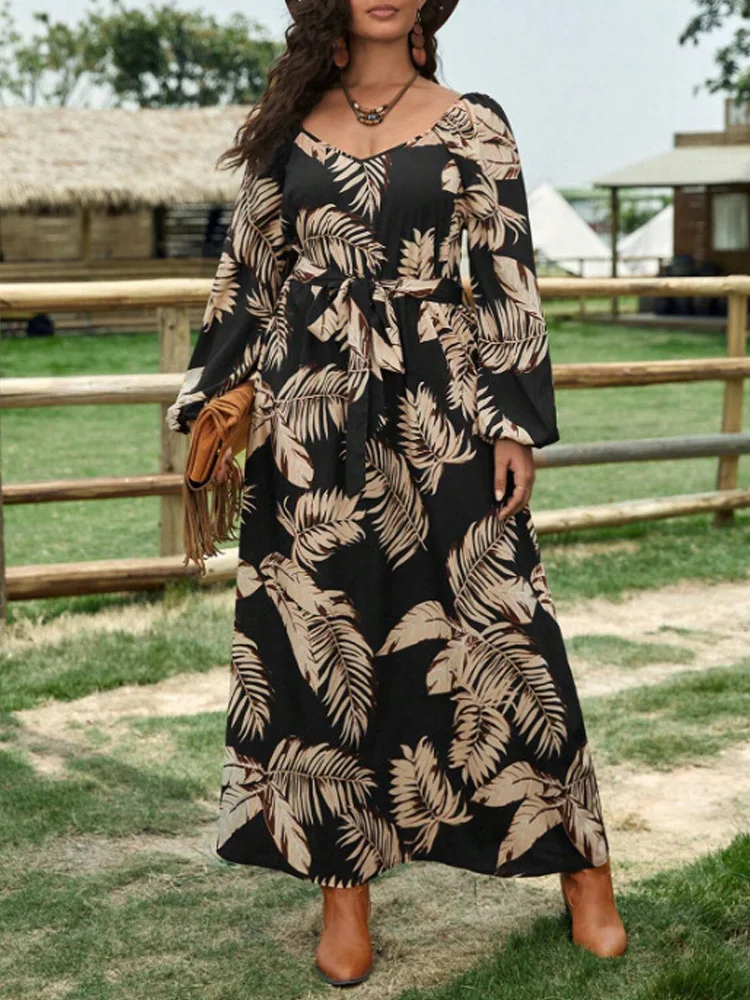 GIBSIE Plus Size 2024 Autumn New Tropical Print Belted Dress Women Vintage Sweetheart Neck Lantern Sleeve A-line Maxi Dresses