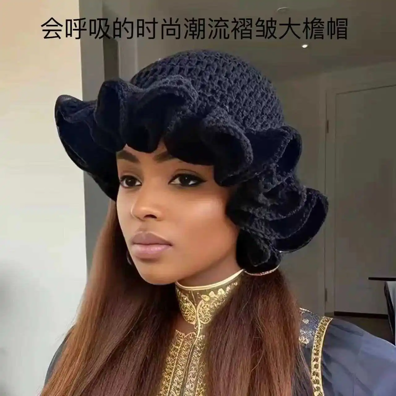 Chapéu balde de aba larga de cor sólida unissex brincalhão elegante chapéu de malha de crochê com acabamento babados detalhe franzido chapéu pull-on