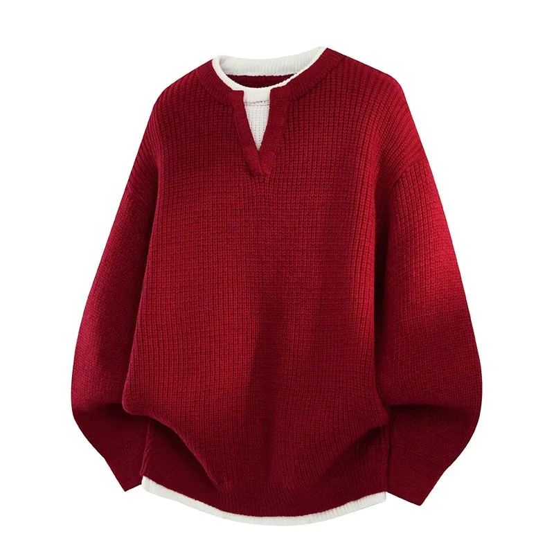 

Высококачественный мужской вязаный свитер в повседневном стиле с эффектом двухслойности, модный универсальный теплый топ для осени и зимы, идеально подходит для Нового года