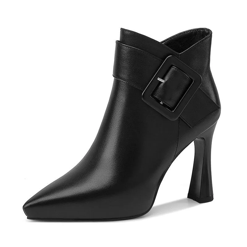 2024 Schwarze Damen-High-Heels, scharfe, spitze, rutschfeste Lederstiefel, Gürtelschnalle, sexy Low-Top-Schuhe, lässige Mode, Damen-Pumps