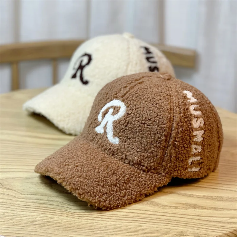 CNTANG Autumn Winter Caps Fashion New Embroidered Letter Imitation Lamb Velvet Baseball Hat Thickened Warm Street Wild Trend Cap