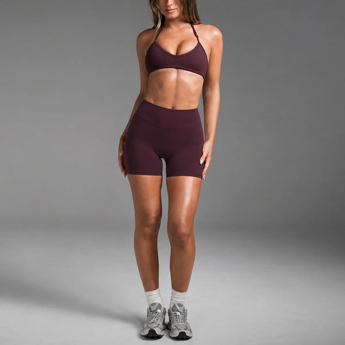 2026 C*B Women 2 Piece Workout Set Halter Sports Bra High Waist Biker Shorts Naked Feel Butt Lifting Gym Yoga Fitness Outfit