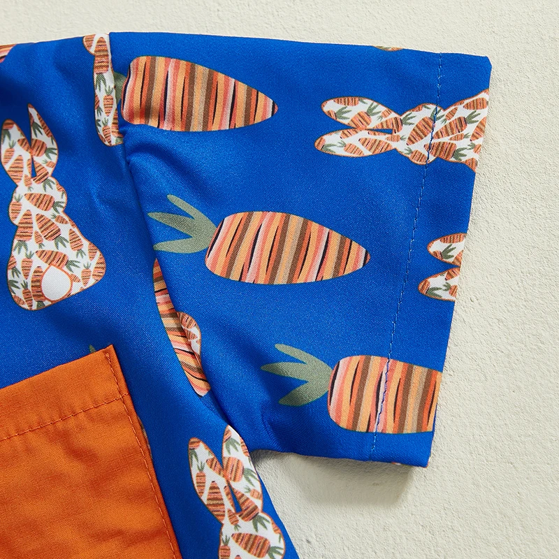 Completi pasquali per neonati e bambini, modello coniglietto e carota, colletto rovesciato, camicia a maniche corte con pantaloncini, set da 2 pezzi per l'estate