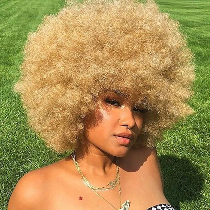 

Synthetic Afro Kinky Curly Wig with Bangs Short Soft Fluffy Hair Wigs for Black Women Cosplay Full Machine Wig Brown Blonde Pink