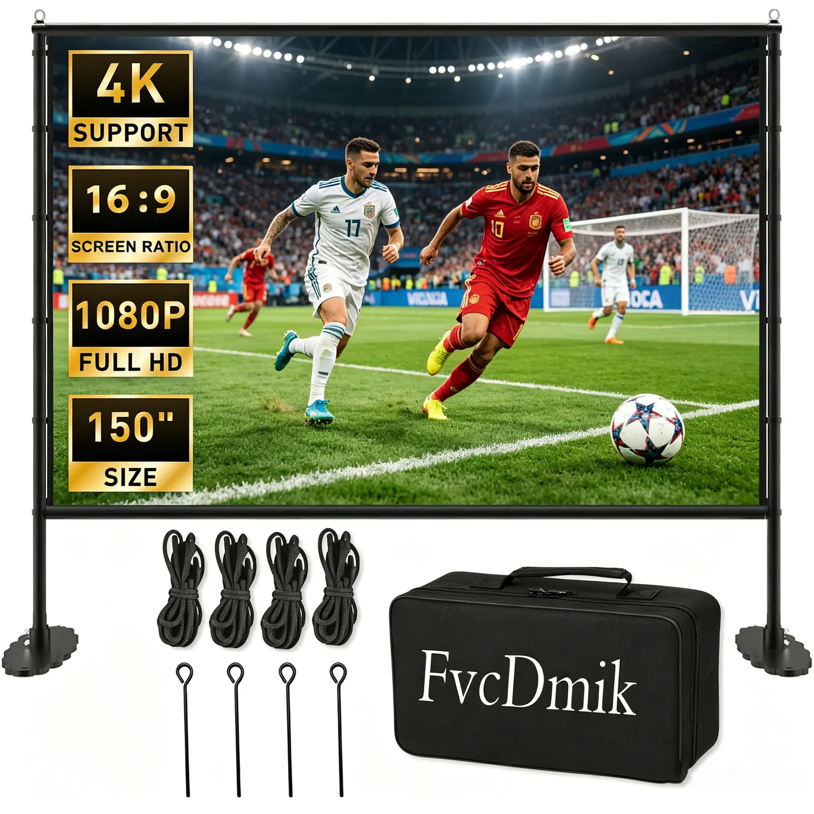 150 inch Projector Screen with Stand for Sports events & Football Match, 16:9 4K HD Portable Outdoor Movie Screen, Wrinkle-Free Foldable Indoor Projection Screen with Carry Bag & Ground Nails for Backyard Cinema Home Theater