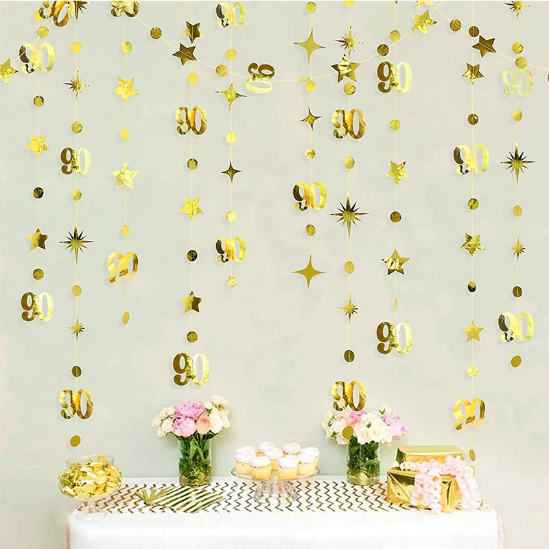 Metallic Paper Gold 90th Birthday Party Decoration Number 90 Circle Dot Twinkle Star Garland Hanging Banner 90 Year Old Backdrop