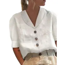 Simple Style Solid Color Cotton Linen Shirt Women Single-breasted Cardigan Lapel Blouse Female Casual Bubble Half Sleeve Top New