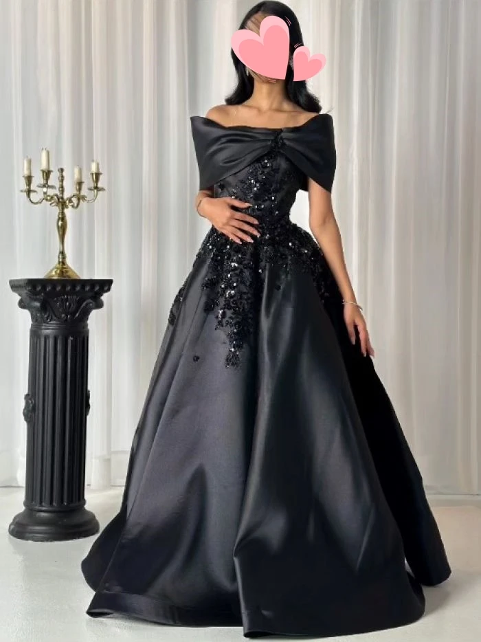 Other Shore Elegant Vintage Sexy Black Beads Applique Boat Neck Customize Formal Occasion Prom Dress Evening Party Gowns