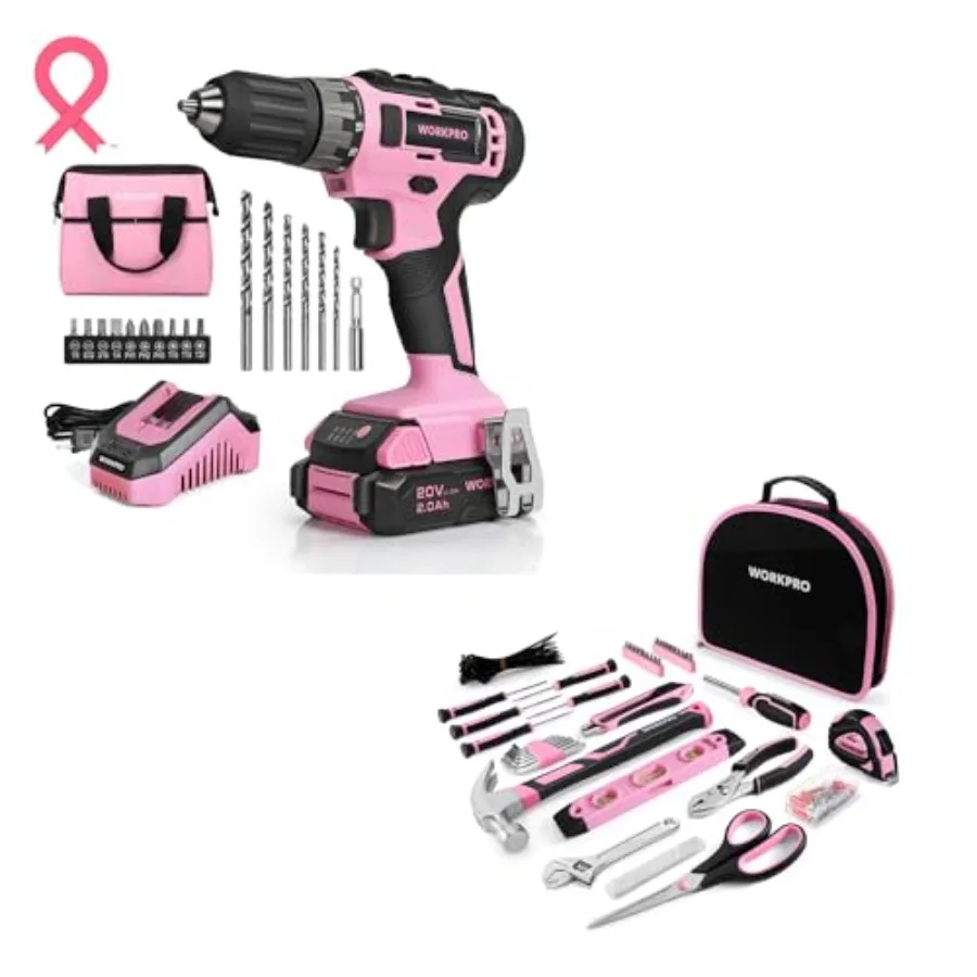 

Набор аккумуляторных дрелей-шуруповертов 20В розового цвета и набор инструментов из 236 предметов розового цвета с удобной круглой сумкой для переноски