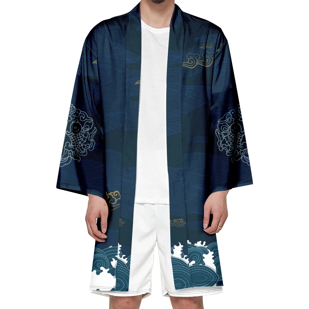 Men's Japanese Long Kimono Cardigan Boys Samurai Costume Kimono Kanagawa Wave Crane Pattern Kimono Shirt Yukata Outer Cover