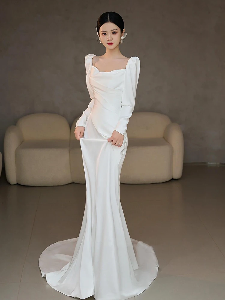 

Silk Satin Lightweight Wedding Dr Long Sve Simple Elegance Bridal Gown Fi Tail White Welcome Guest Dr Code