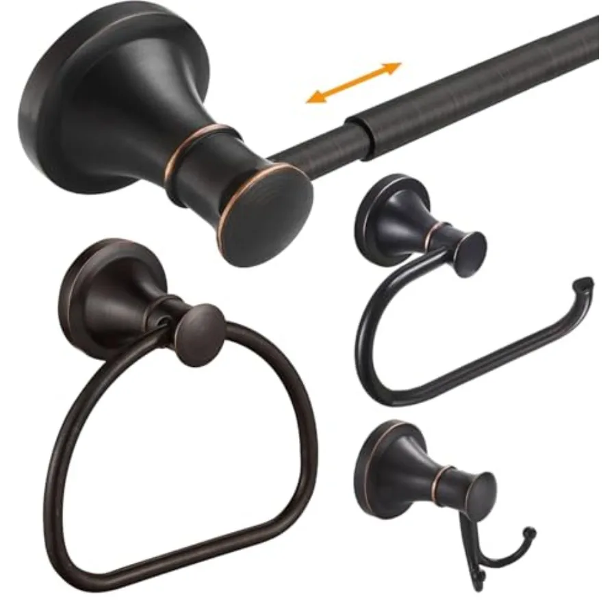 

Набор из 4 предметов для ванной комнаты: настенный держатель для полотенец с регулируемой одинарной перекладиной, кольцо для полотенец, держатель для туалетных принадлежностей, цвет: матовая бронза/черный.