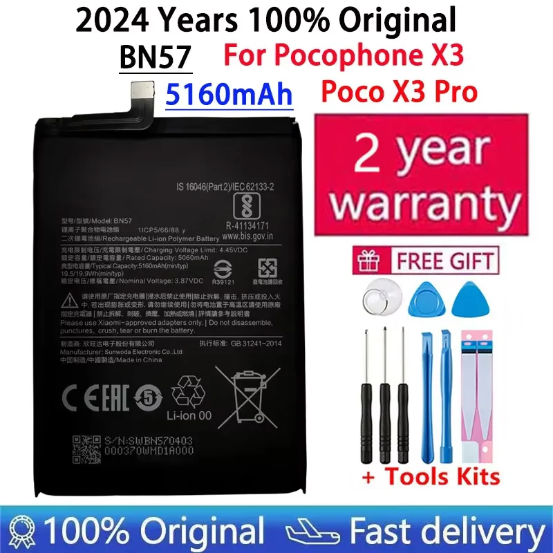 

2024 High Quality Original BN57 5160mAh Phone Battery For Xiaomi Pocophone X3 Poco X3 Pro Replacement Batteries Fast Shipping