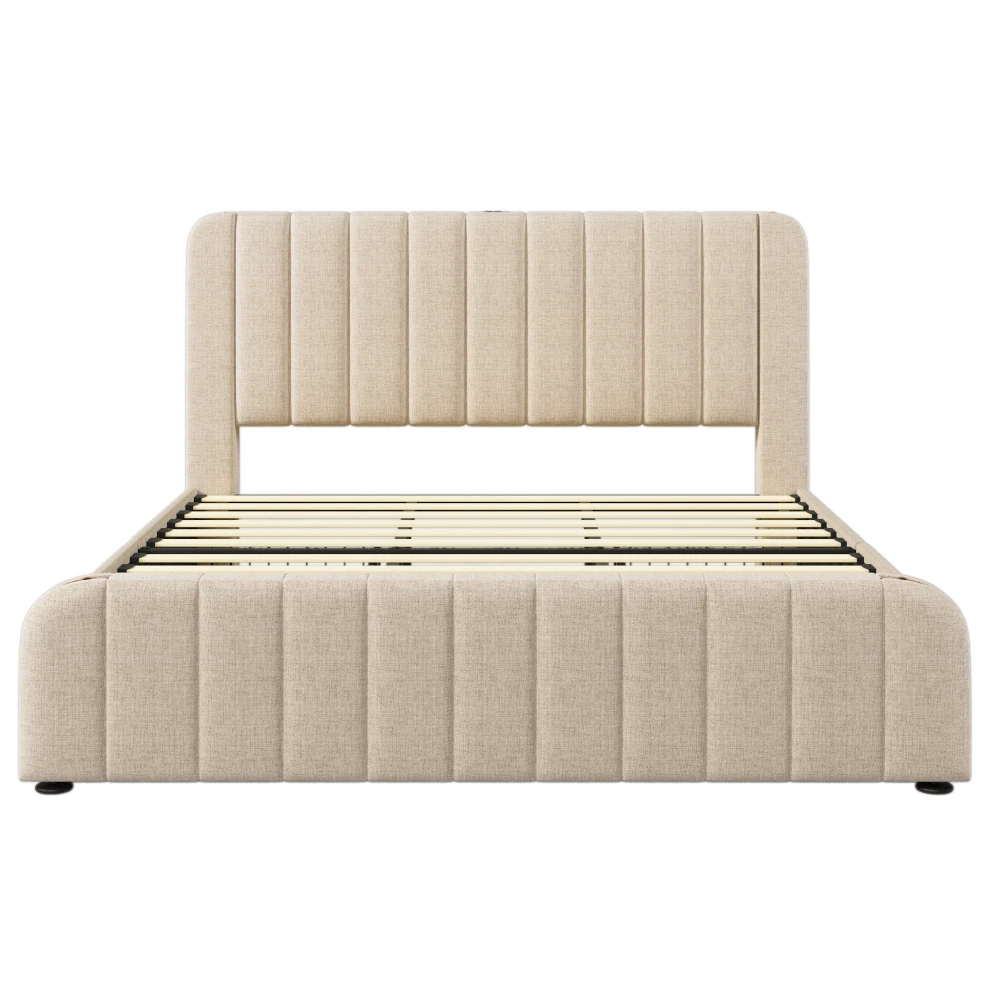 PINGGO Gepolstertes Doppelbett 180x200cm Beige Leinen-Kopfteil Goldene Dekorative Streifen USB Typ-C-Ladefunktion 4 Schubladen Ohne Matratze – Detail 10