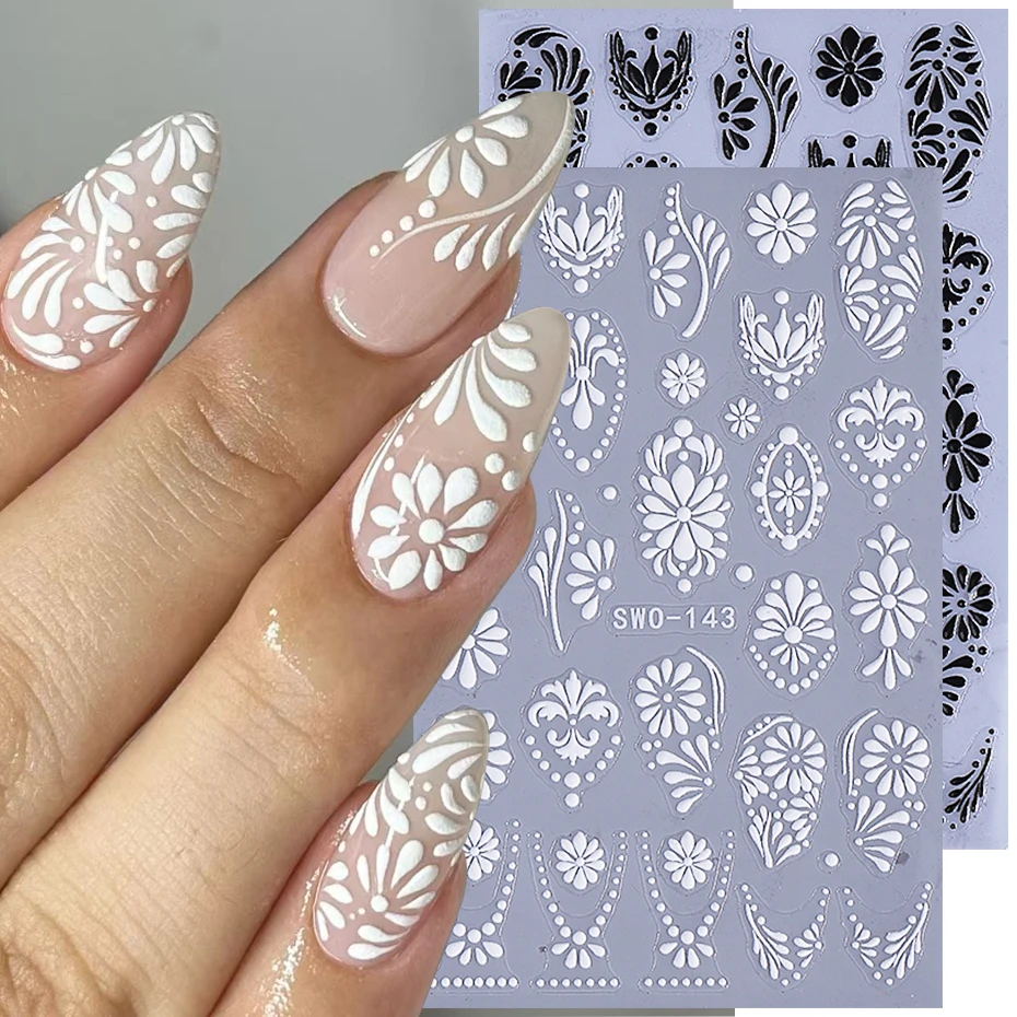 2 Stück böhmische Blumen geprägte Nagelaufkleber schwarz weiß französische Blütenblätter Linie selbstklebende Nagelaufkleber DIY Maniküre Dekor Schieber