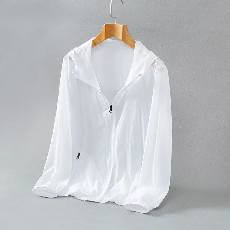 2024 New Summer Thin Breathable Ice Silk Sunscreen Clothing Simple Solid Color Casual Loose Hooded Long Sleeved Coat for Men