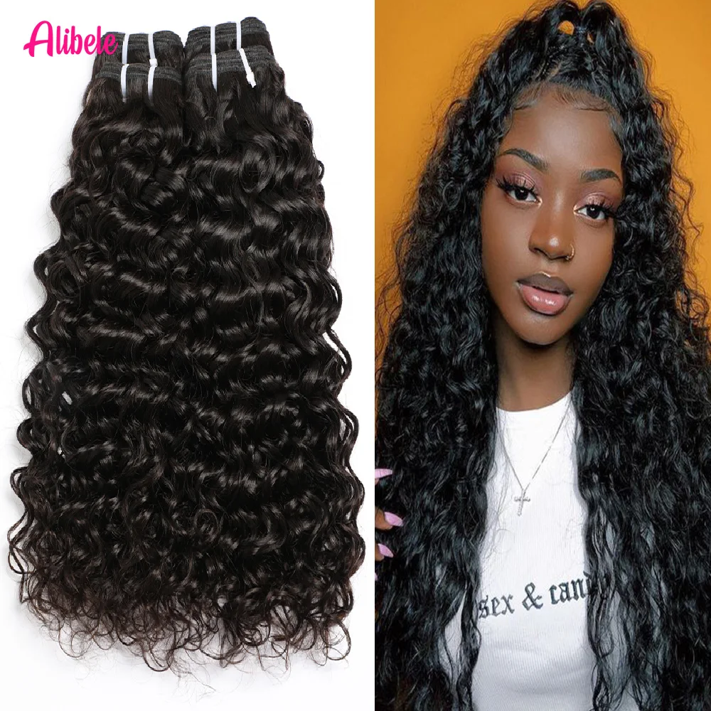 

Alibele 15A Наращивание натуральных волос Water Wave Натуральный черный 1/3/4 шт. Пучки человеческих волос с двойным утком Пучки 12-32 дюймов