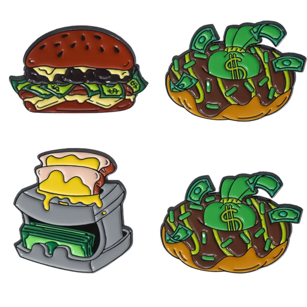 3 Piece Exaggerated Style of Dollar Food Pin Hamburger Toast Collar Pin Brooch Clothing Accessories Satirical Metal Badges