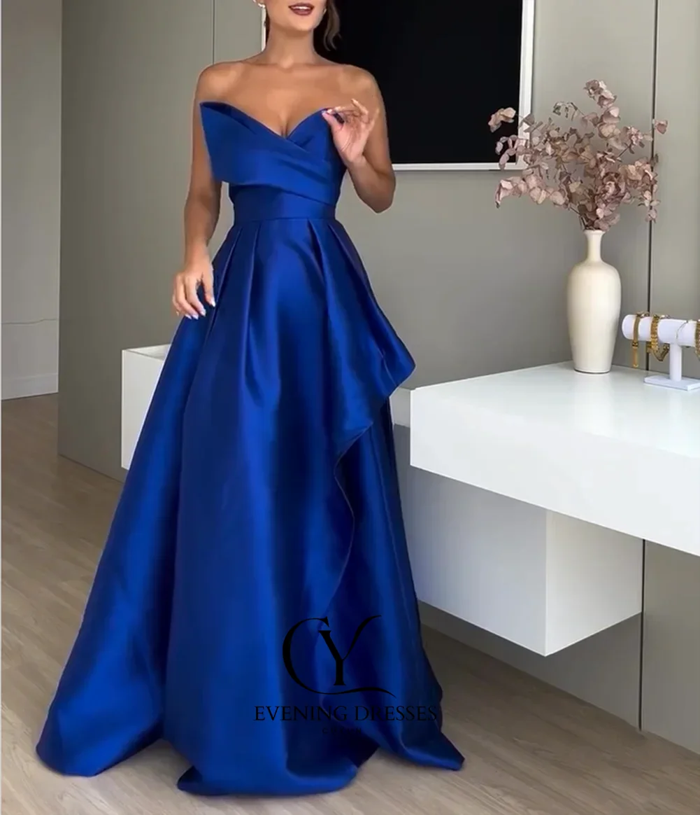 فساتين سهرة مخصصة من CUYUN فساتين سهرة على شكل حرف V ورقبة على شكل V من الساتان الأزرق الملكي للحفلات المسائية الرسمية للنساء