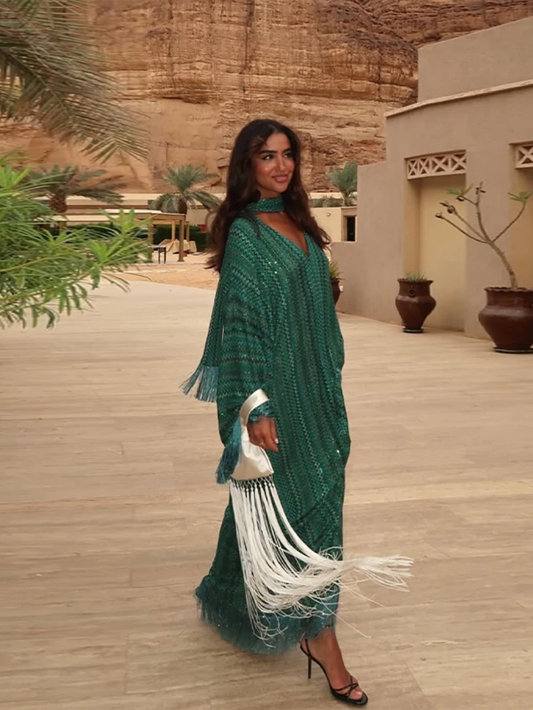 Boho Tassel Striped Women's Long Dress One-shoulder Scarf Collar Asymmetrical Robe 2025 Summer Fringed Integrated Loose Dresses