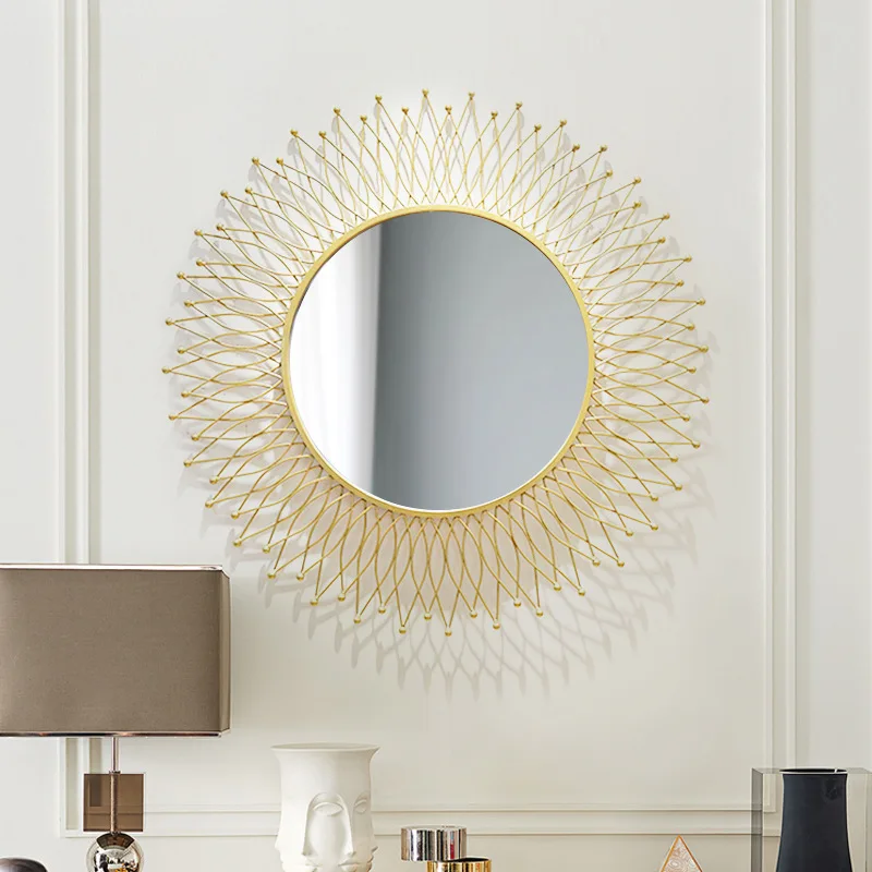 American decorative mirror round entrance living room background wall hanging sun mirror fireplace dining cabinet